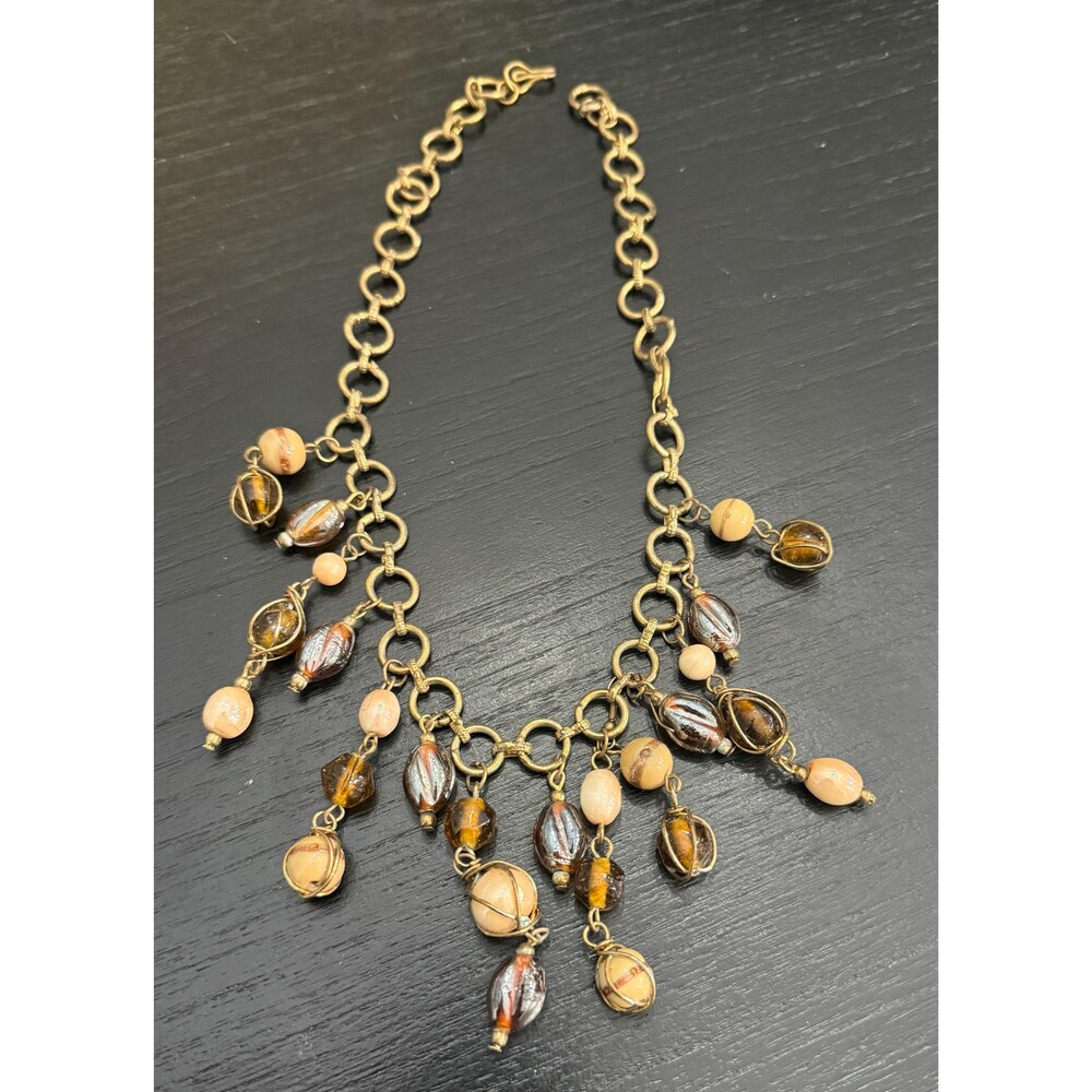 Vintage Glass Beaded Bib Necklace and Drop Earrings Set, Gold toned chain
